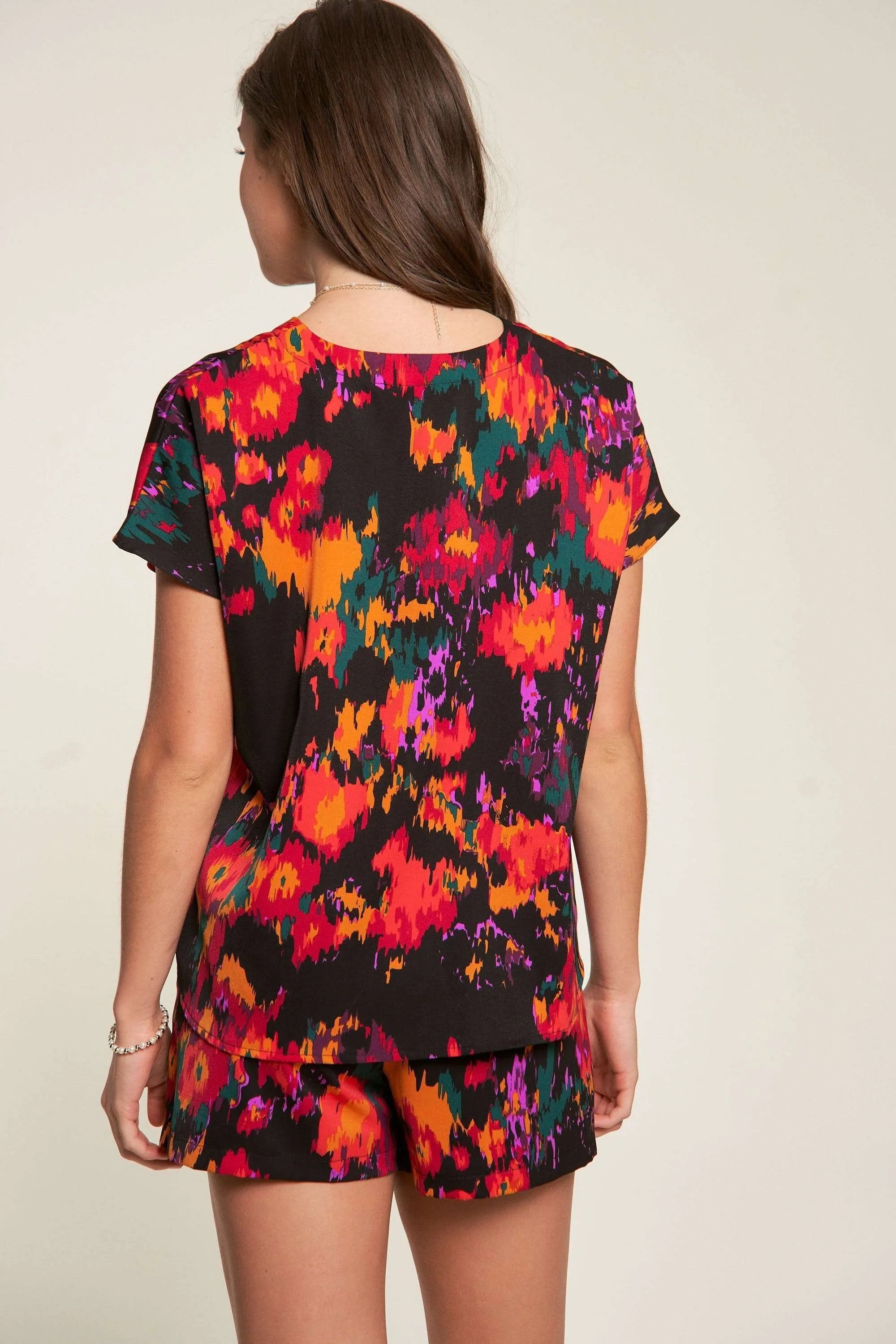Davi & Dani Printed V Neck Short Sleeve Top and Shorts Set OutfitFlow