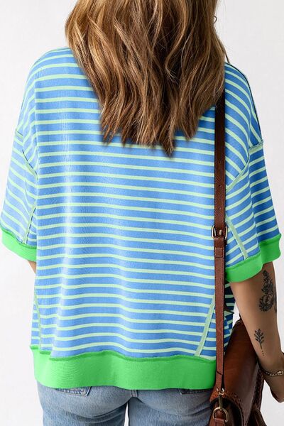 Stripe Oversized Contrast Trim Exposed Seam High Low T Shirt OutfitFlow