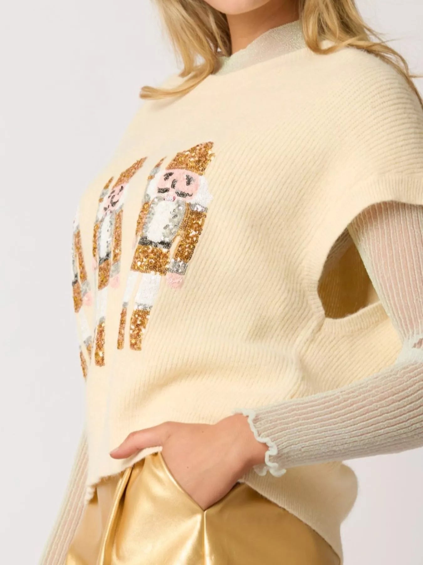 Christmas Sequin Round Neck Sweater Vest OutfitFlow