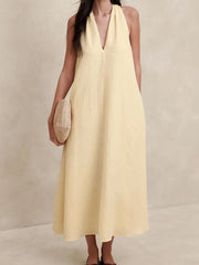 Halter V-Neck Linen Midi Dress OutfitFlow