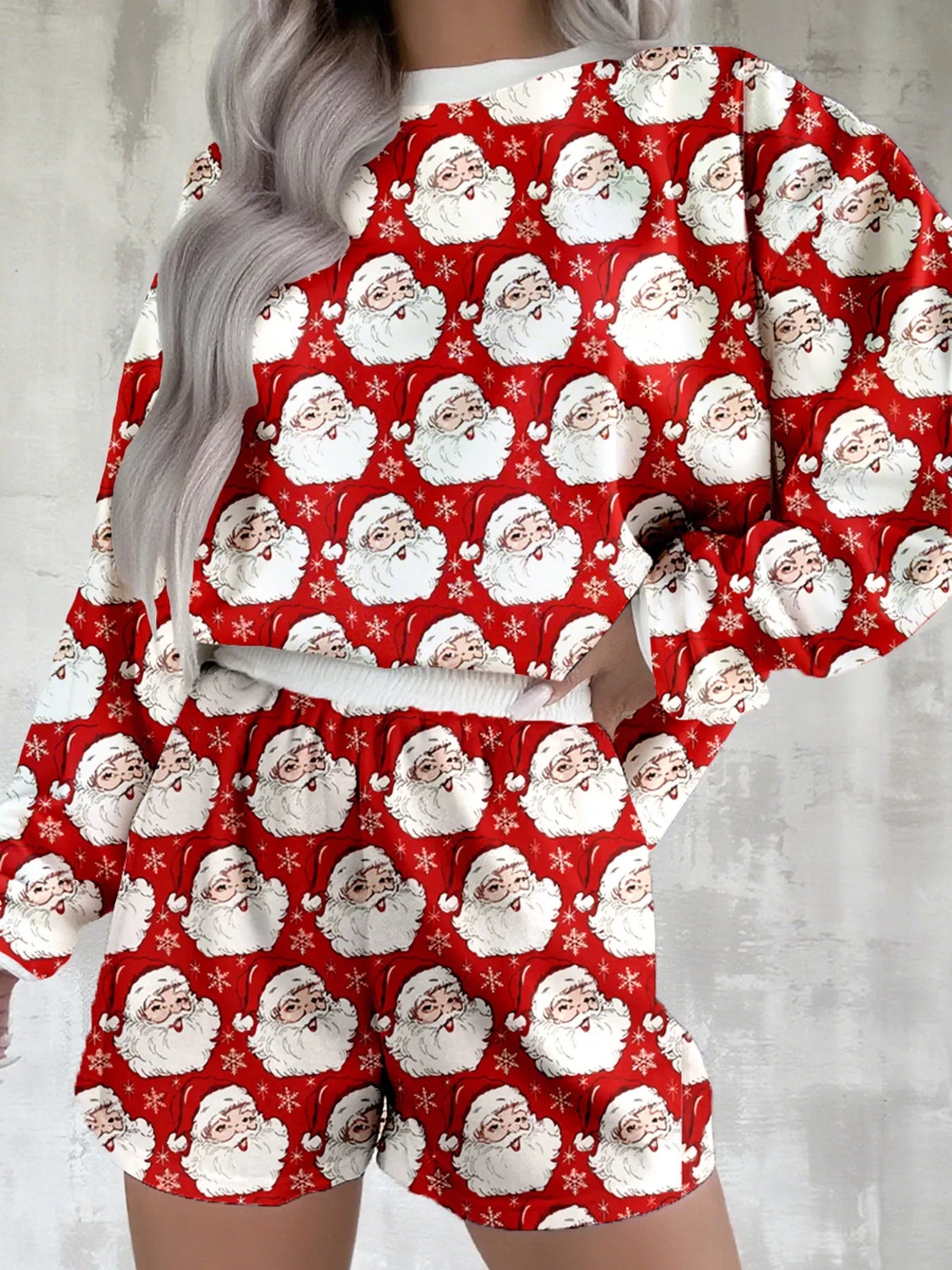 Christmas Santa Print Round Neck Top and Shorts Lounge Set OutfitFlow