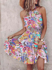 Smocked Printed Halter Neck Mini Dress Pink Purple OutfitFlow
