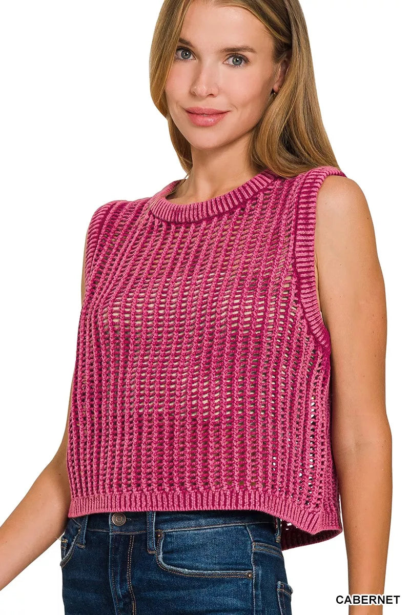 Zenana Acid Washed Fishnet Sweater Vest OutfitFlow