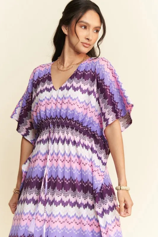 Davi & Dani Multi Color Wavy Tie Waist Flowy Sleeve Dress OutfitFlow
