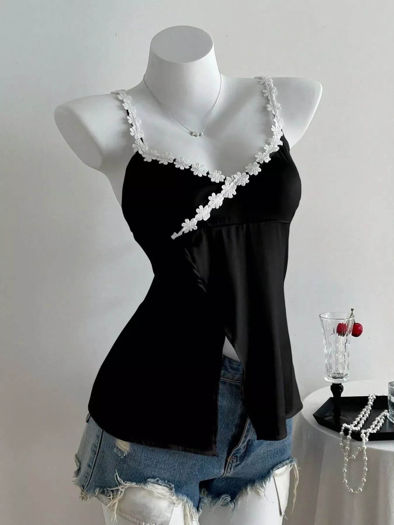 Flower Trim Slit Cami OutfitFlow
