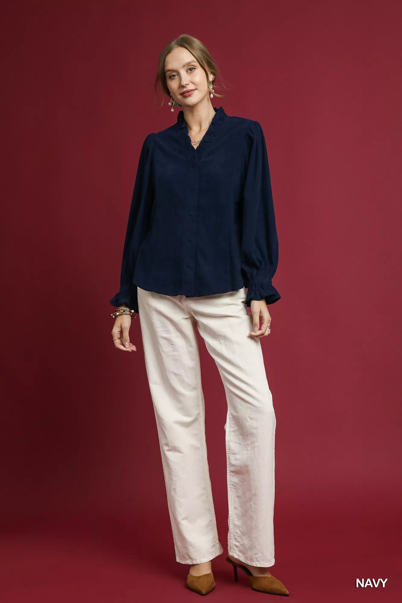 Umgee Corduroy Ruffle Shirt with Long Puff Sleeves OutfitFlow