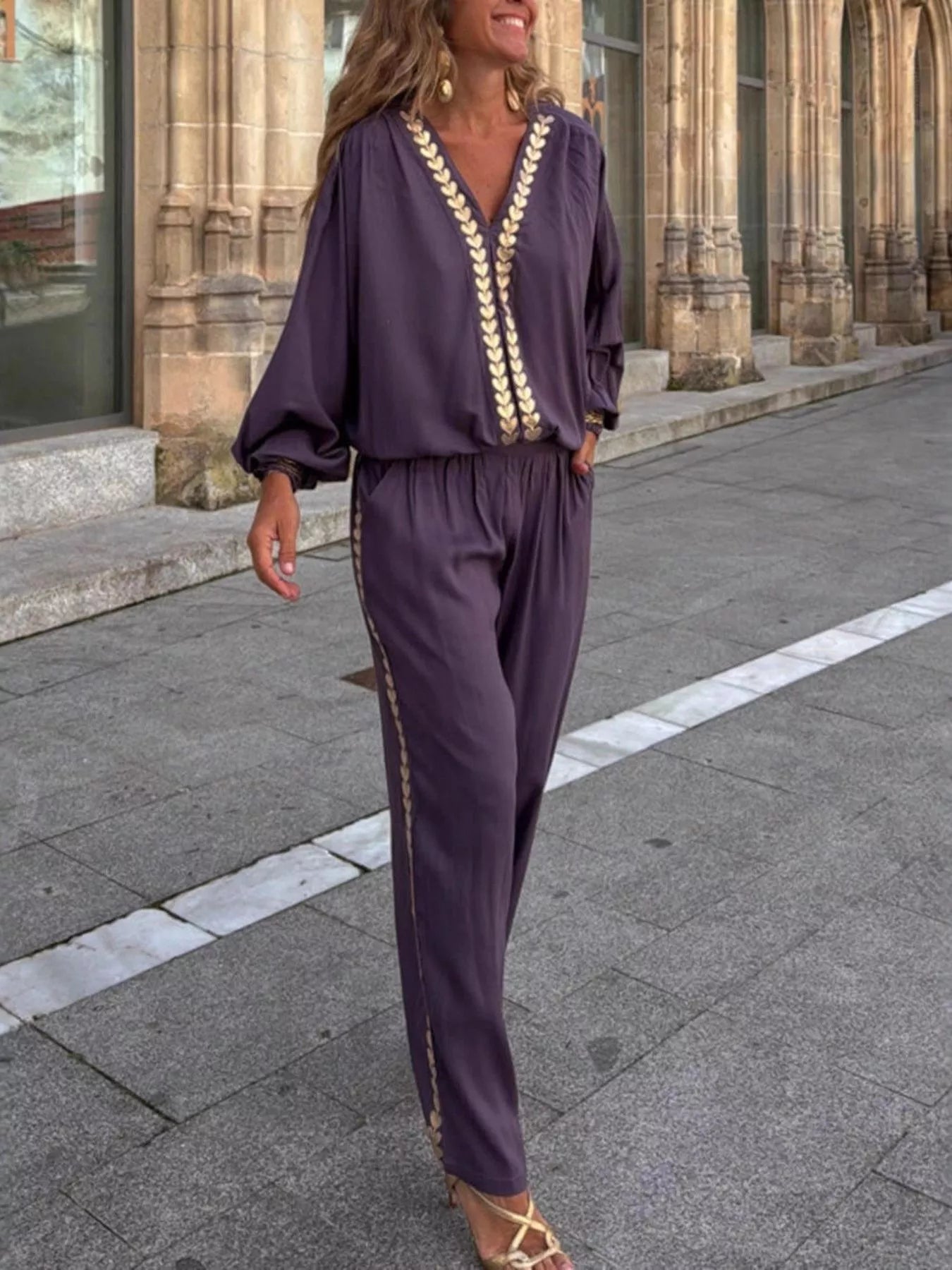Full Size Contrast Trim V-Neck Top and Pants Set Plus Size OutfitFlow