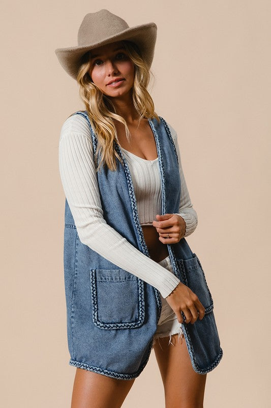 Outfit Flow - BiBi Braided Trim Open Front Denim Vest with Pockets