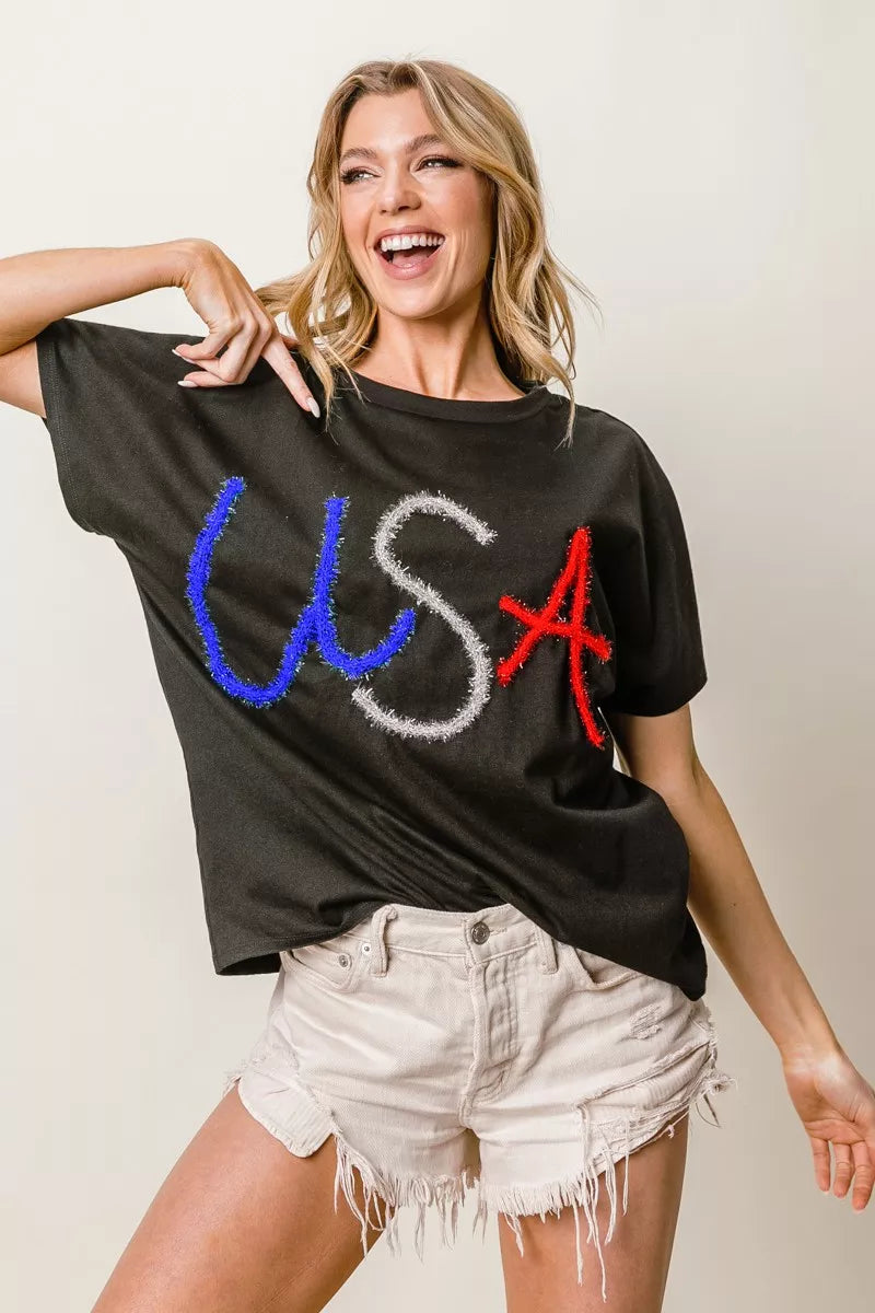 BiBi Metallic Letter Short Dolman Sleeve Top OutfitFlow