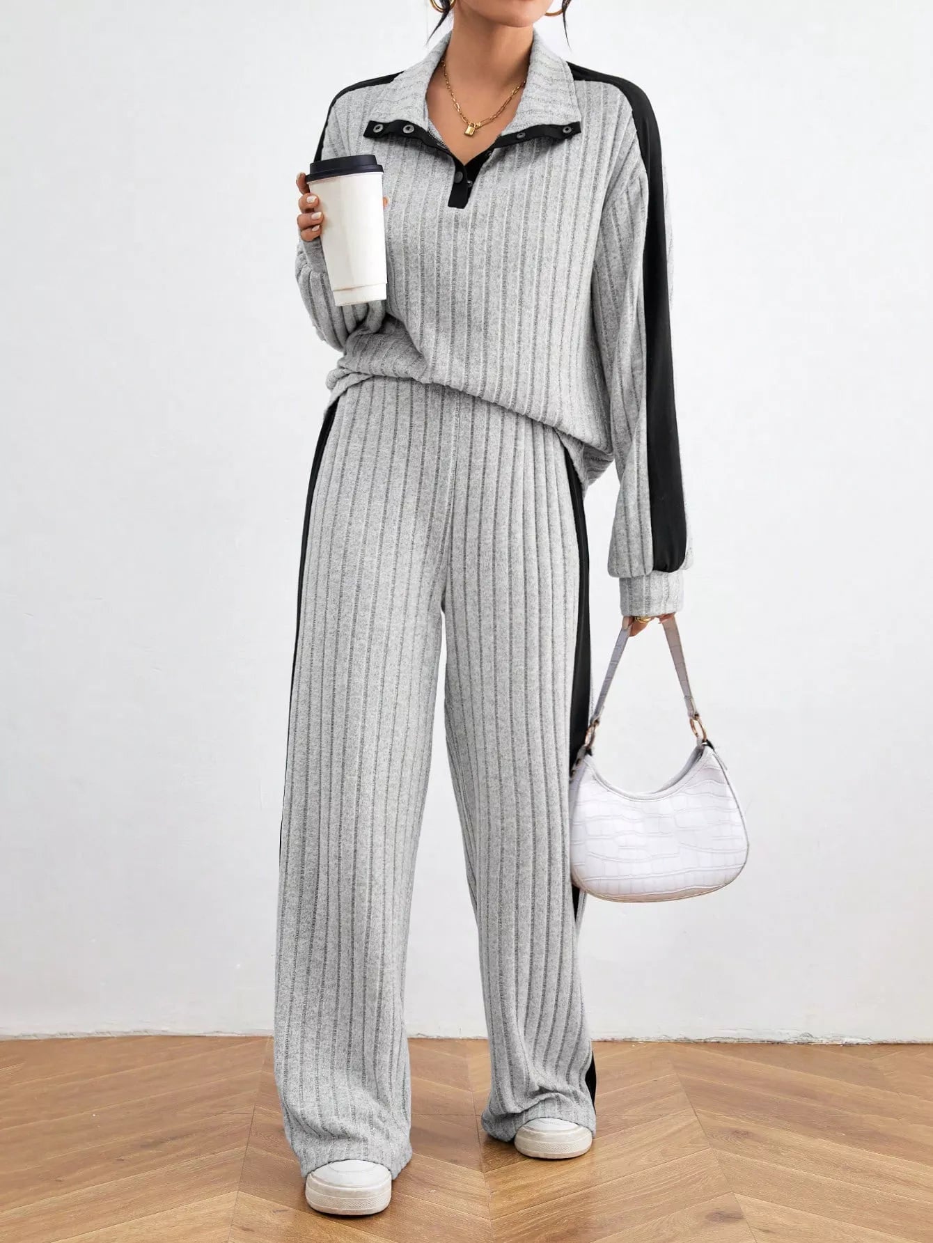 Ribbed Contrast Dropped Shoulder Top and Pants Set OutfitFlow