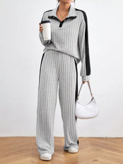 Ribbed Contrast Dropped Shoulder Top and Pants Set OutfitFlow