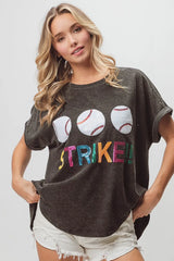 BiBi Sequin Baseballs Strike Washed Short Sleeve Top BLACK CHARCOAL OutfitFlow