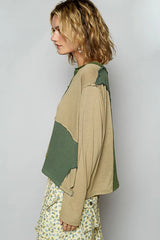 POL Color Block Notched Long Sleeve T-Shirt OutfitFlow