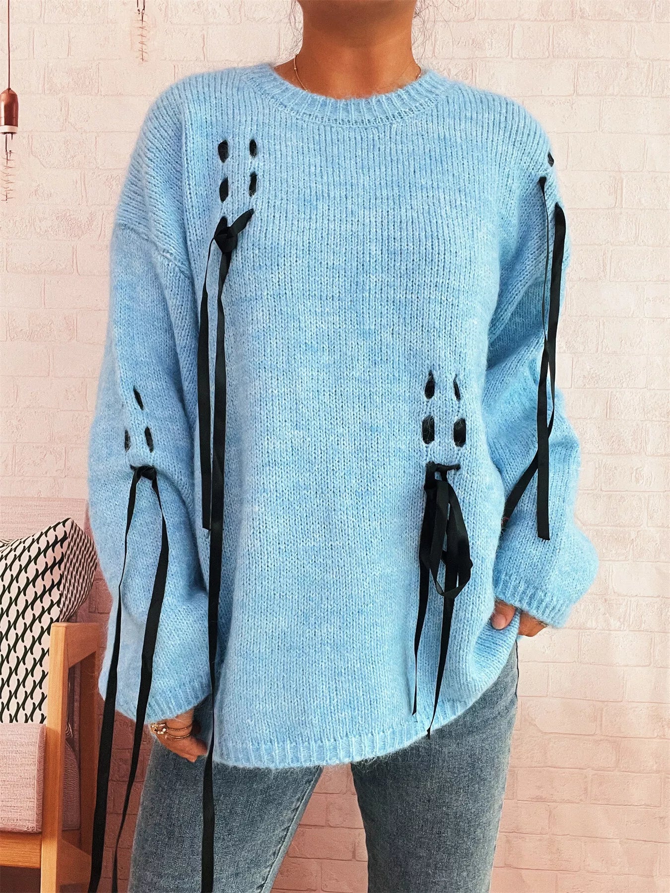 Round Neck Long Sleeve Sweater with Ribbon Details OutfitFlow