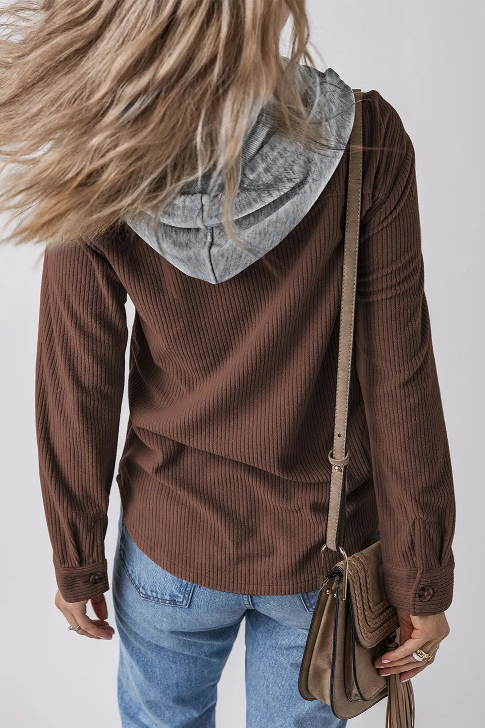 Drawstring Button Up Long Sleeve Hooded Jacket OutfitFlow