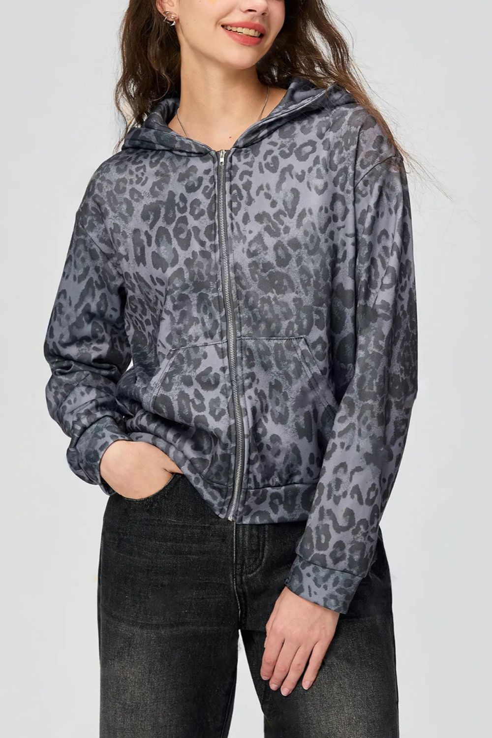 Outfit Flow - Pocketed Leopard Zip Up Hooded Jacket