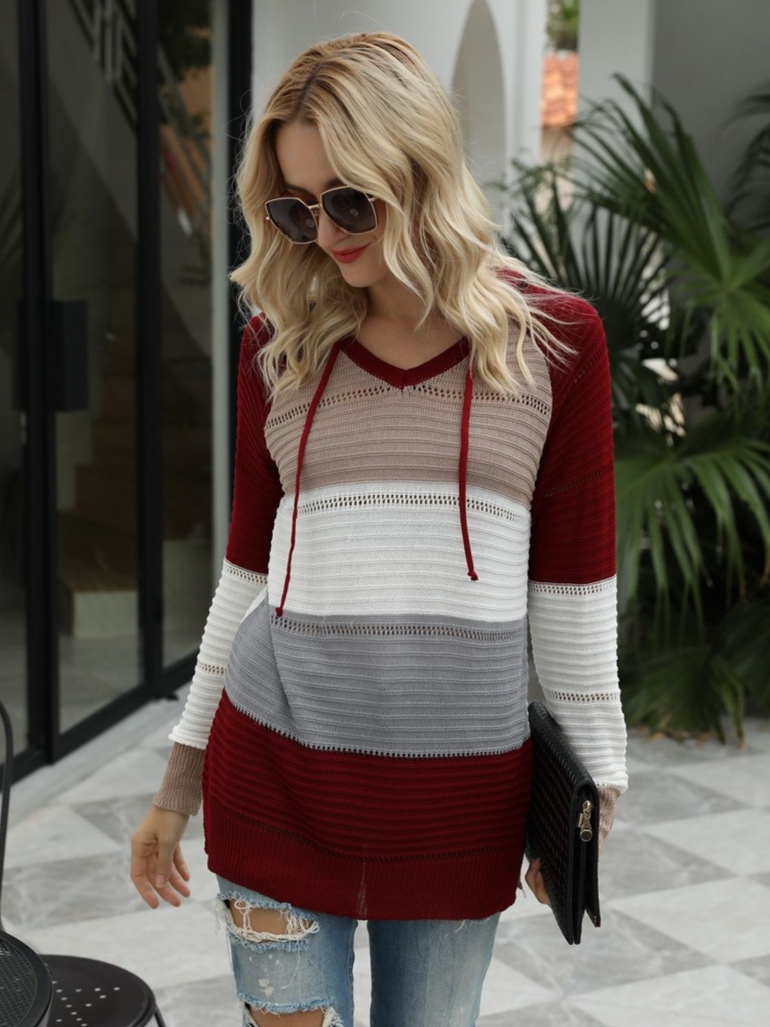 Drawstring Contrast Long Sleeve Hooded T-Shirt OutfitFlow