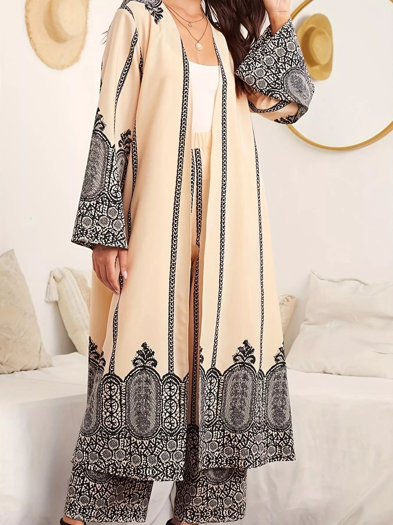 Printed Open Front Long Sleeve Cardigan & Pants Set OutfitFlow