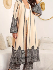 Printed Open Front Long Sleeve Cardigan & Pants Set OutfitFlow