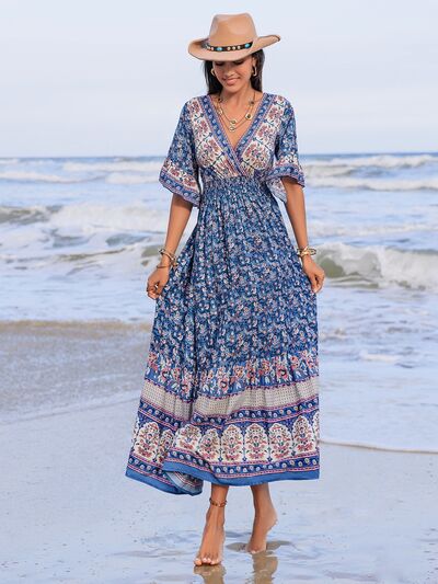 Ruched Printed Flounce Sleeve Midi Dress OutfitFlow