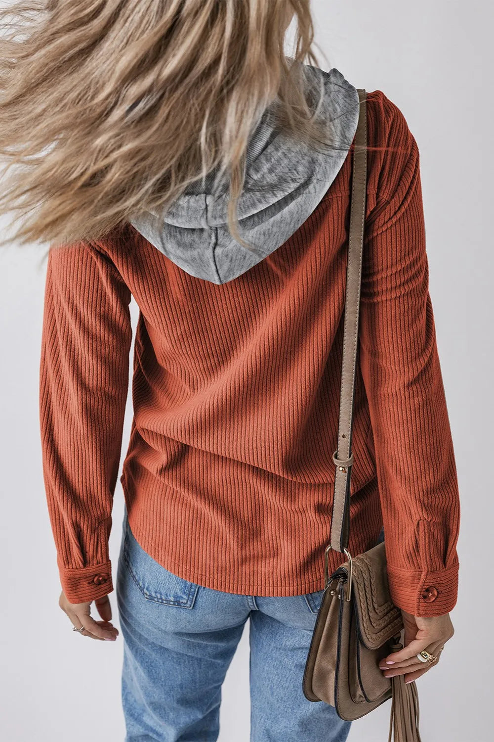 Drawstring Button Up Long Sleeve Hooded Jacket OutfitFlow
