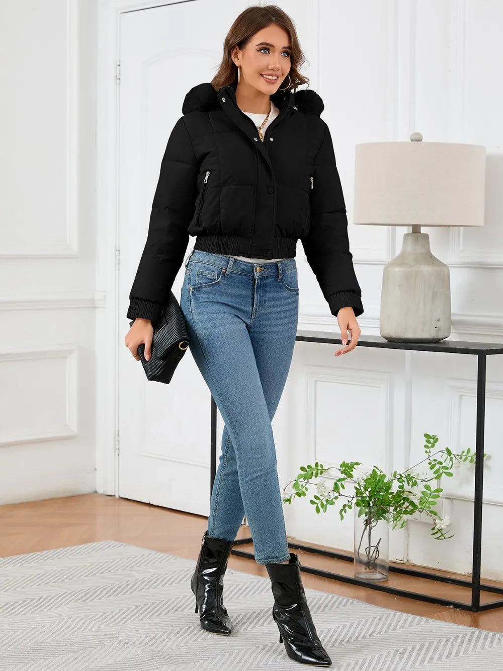 Pocketed Long Sleeve Cropped Hooded Winter Coat OutfitFlow