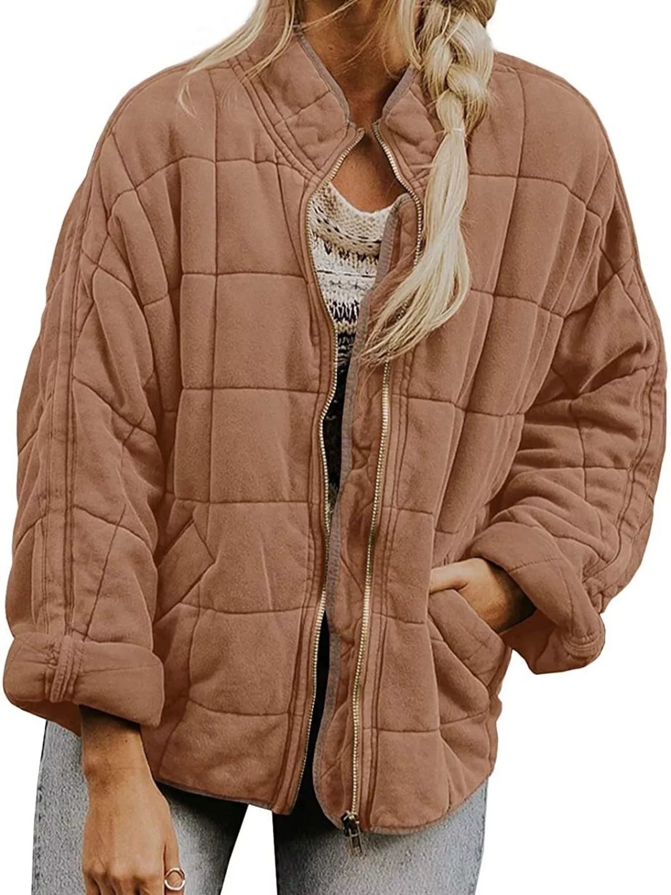 Quilted Zip Up Outerwear Deep Card Trendsi