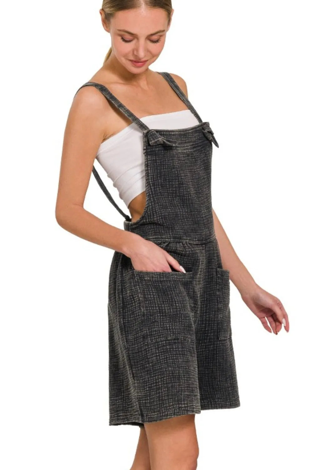 Zenana Woven Double Gauze Acid Washed Romper OutfitFlow