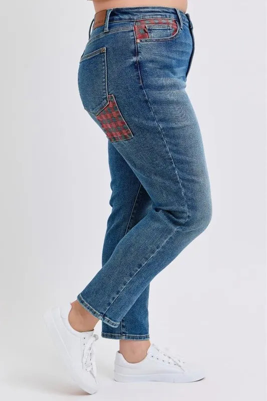 Judy Blue Full Size HW Plaid Patch Slim Fit Jeans Plus Size OutfitFlow