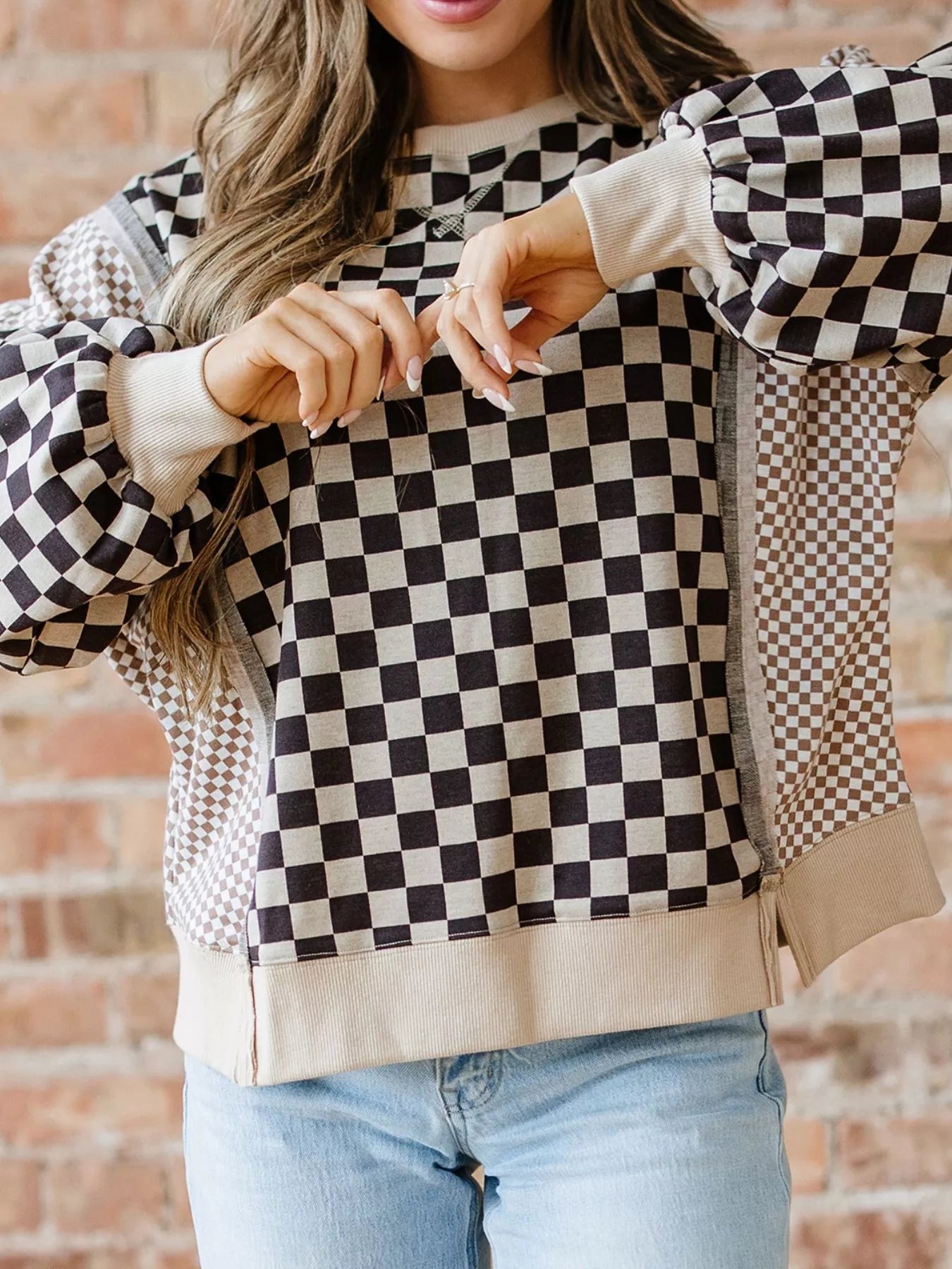 Mixed Checkered Pattern Patchwork High Low Casual Top OutfitFlow