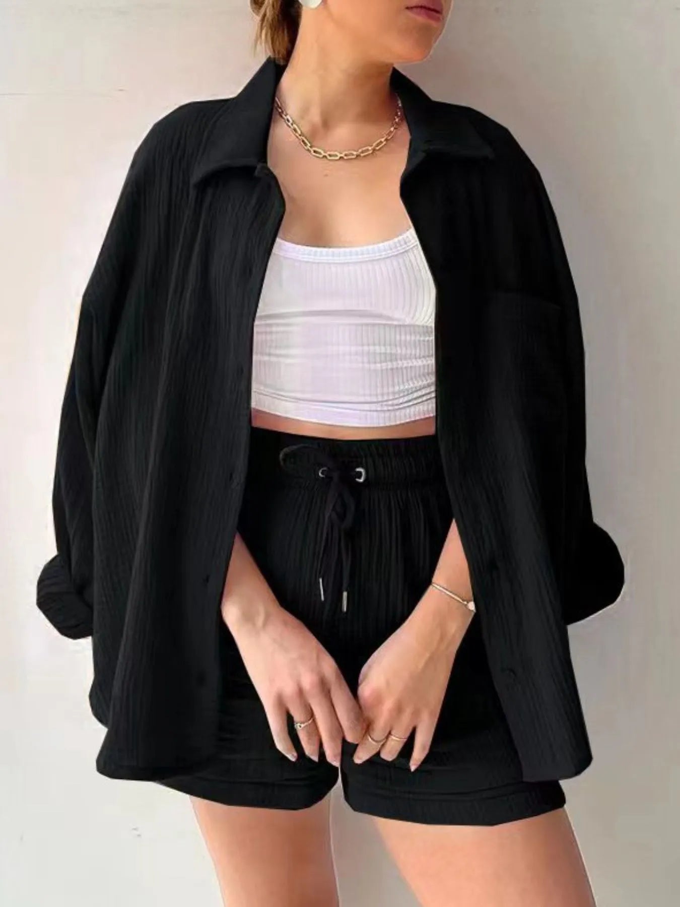 Textured Button Up Shirt and Shorts Set Black OutfitFlow