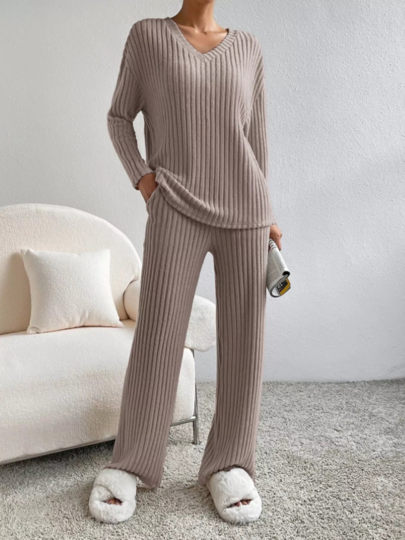 Ribbed Knit Long Sleeve Top and Pants Set OutfitFlow