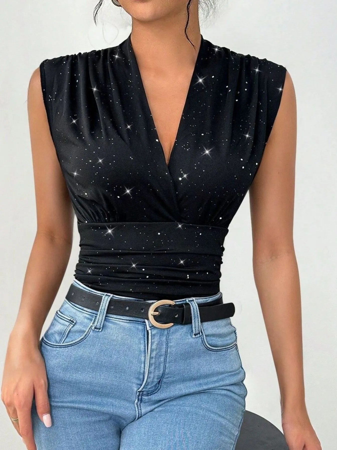 Surplice Sleeveless Slim Blouse OutfitFlow