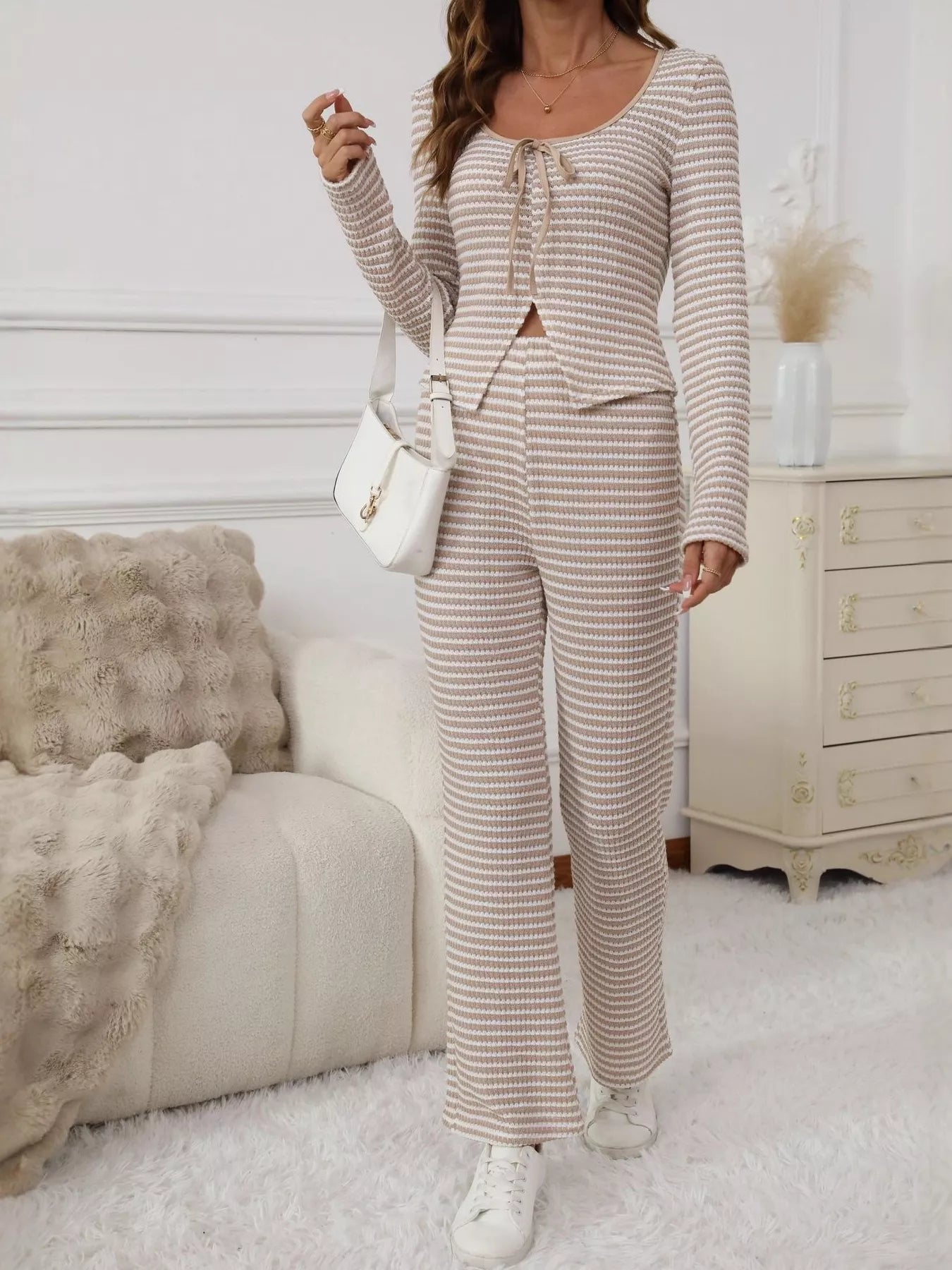 Striped Long Sleeve Top and Pants Set OutfitFlow