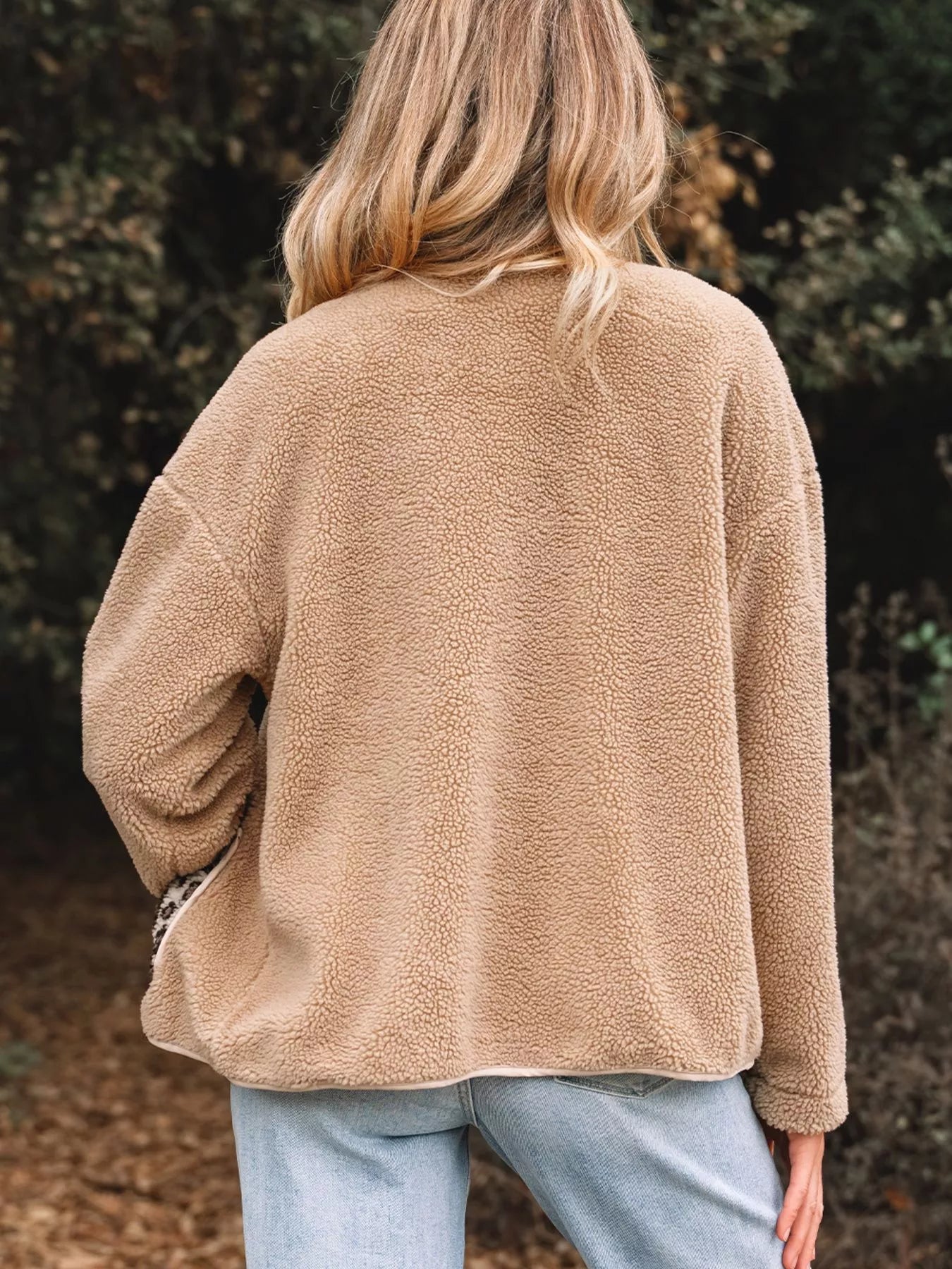 Casual Leopard Print Accent Plush Jacket with Pockets OutfitFlow