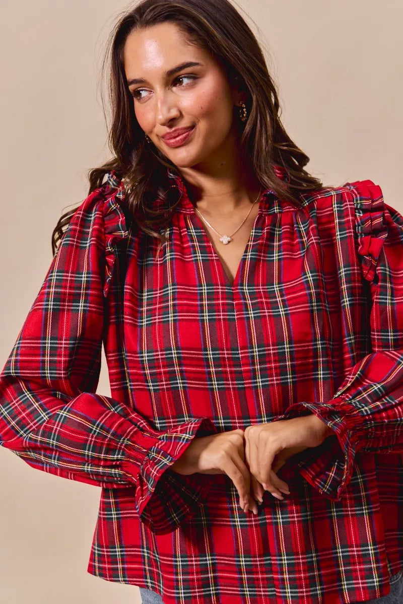 SO ME Christmas Checkered Plaid Smocked Blouse OutfitFlow