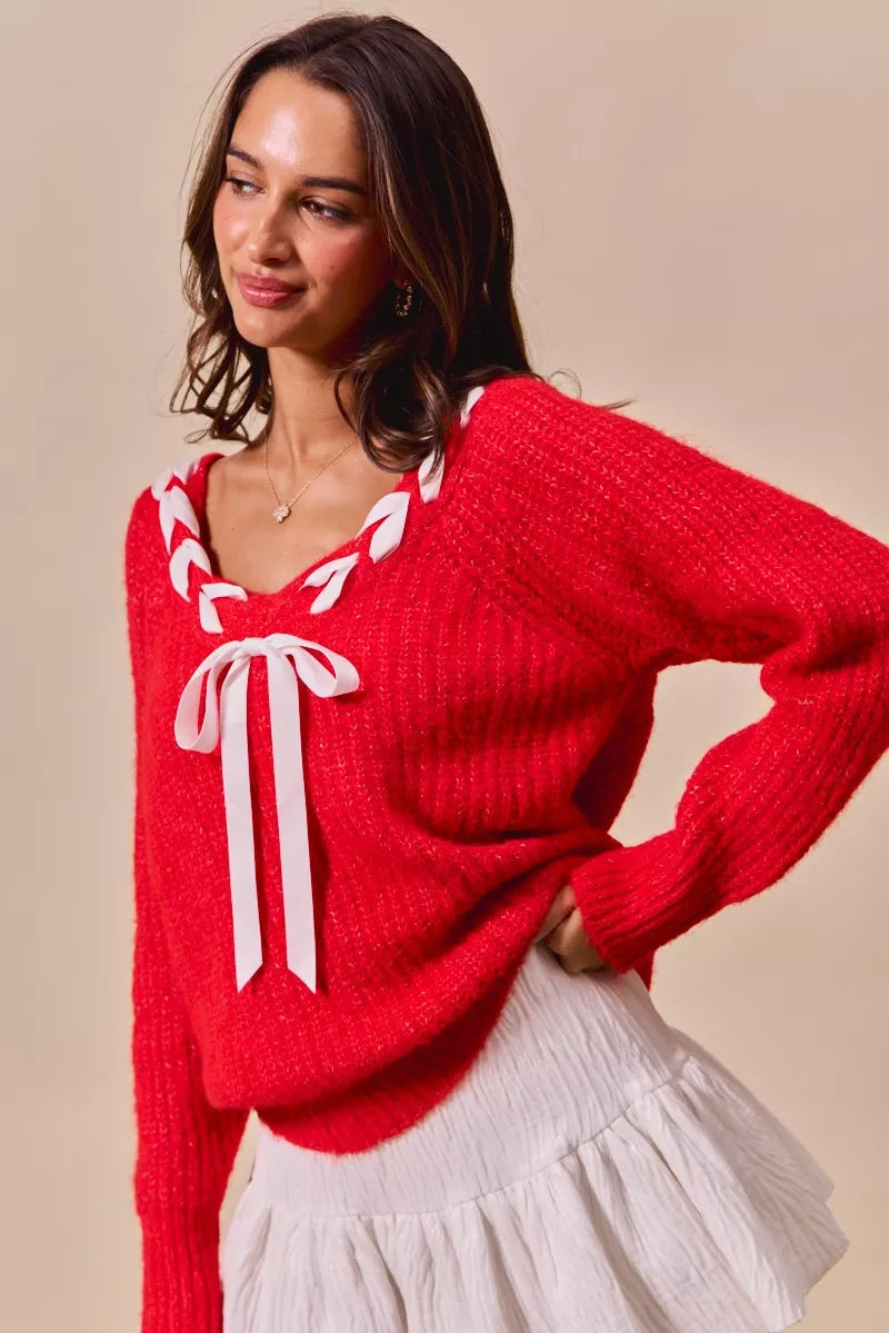SO ME Satin Tape Braided Ribbon Tie V Neck Sweater OutfitFlow
