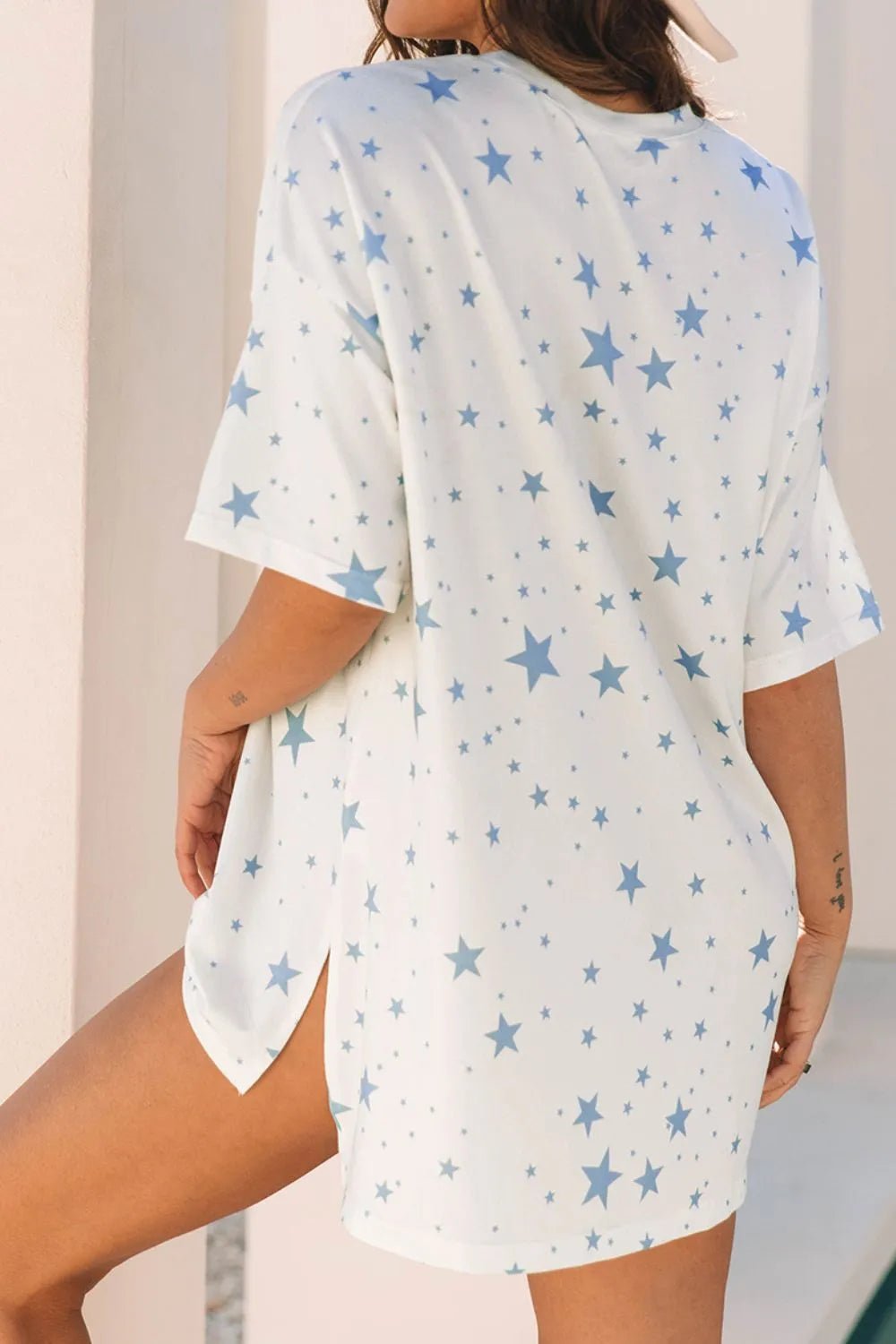Stars Print Drop Shoulder Oversized T Shirt with Slits OutfitFlow
