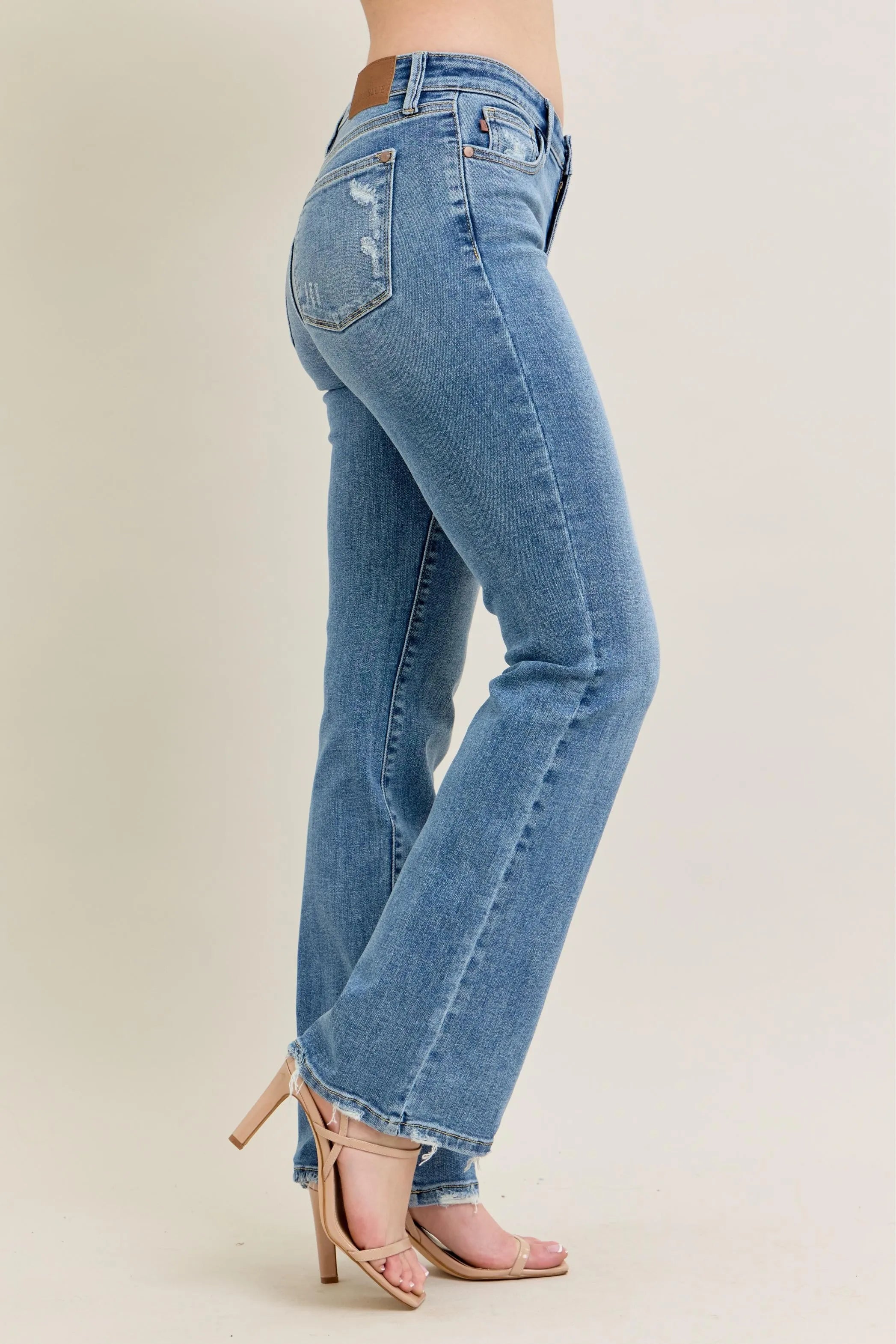 Judy Blue Full Size Mid Rise Wash Destroy Hem Bootcut Jeans Plus Size OutfitFlow