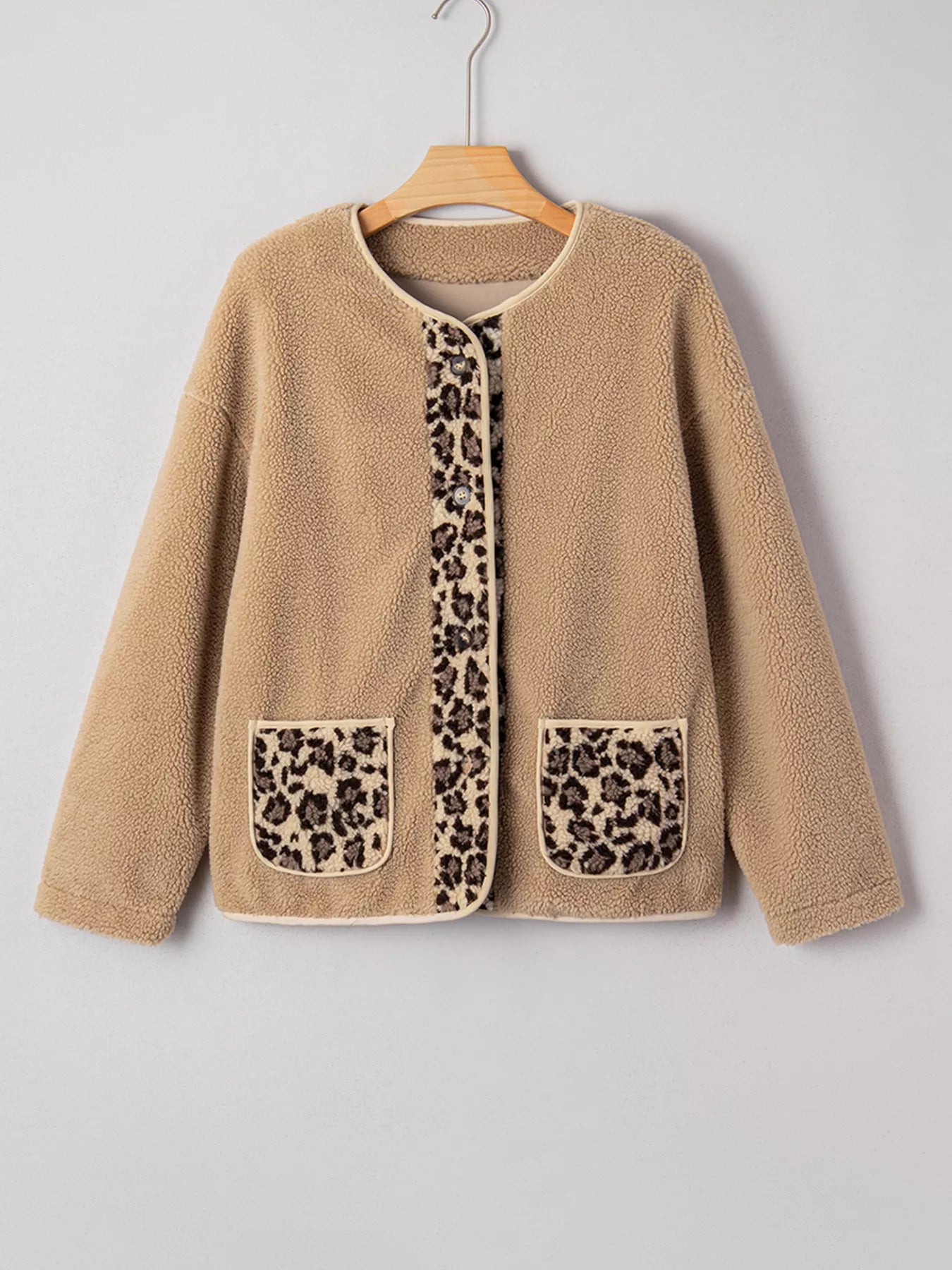 Casual Leopard Print Accent Plush Jacket with Pockets OutfitFlow