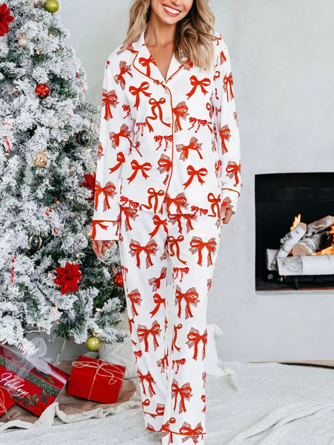 Christmas Bow Print Top and Pants 2pcs Pajama Set Red OutfitFlow