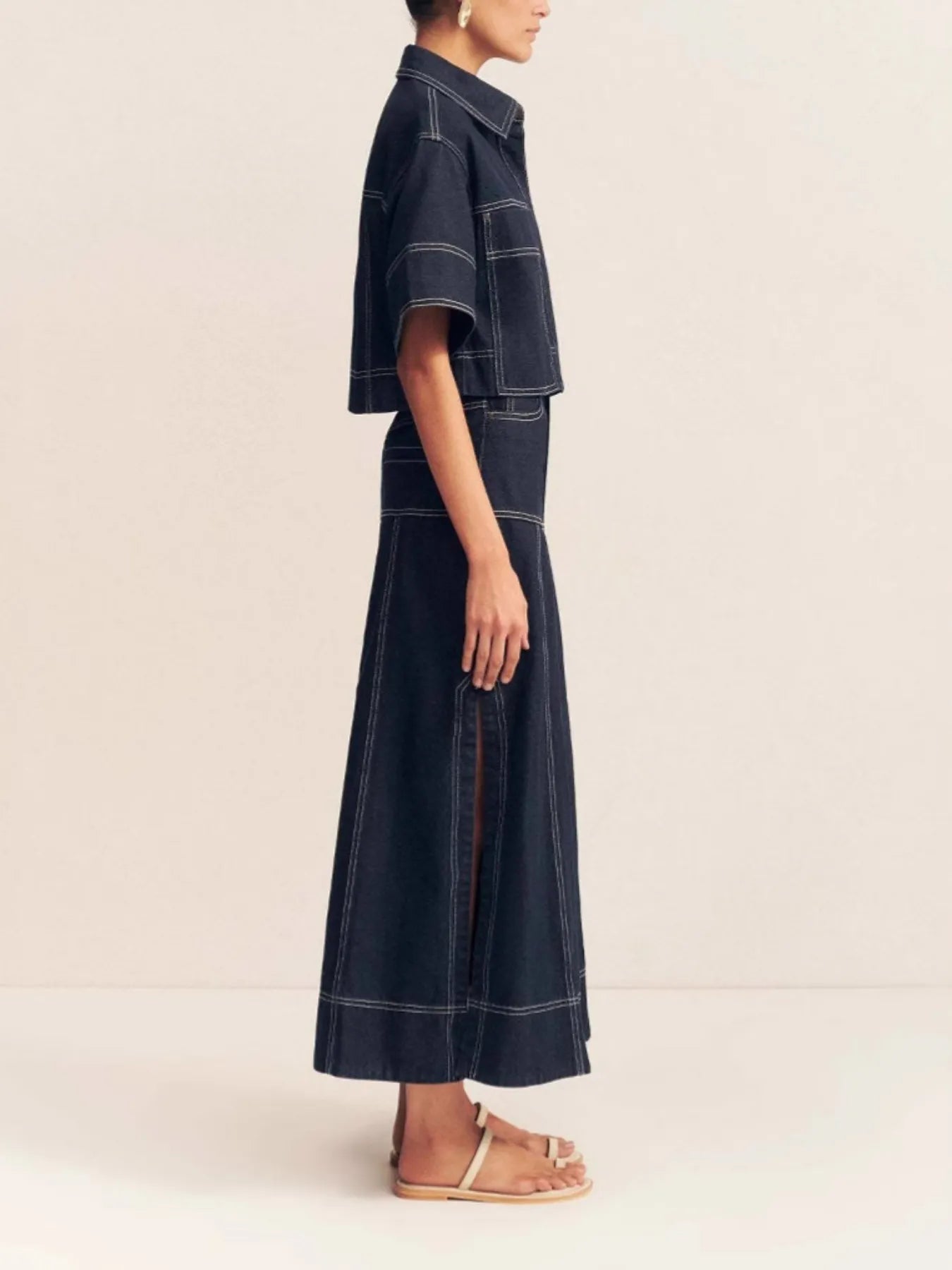 High-Waist Side Slit Contrast Stitch Denim Maxi Skirt OutfitFlow