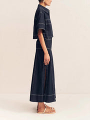 High-Waist Side Slit Contrast Stitch Denim Maxi Skirt OutfitFlow