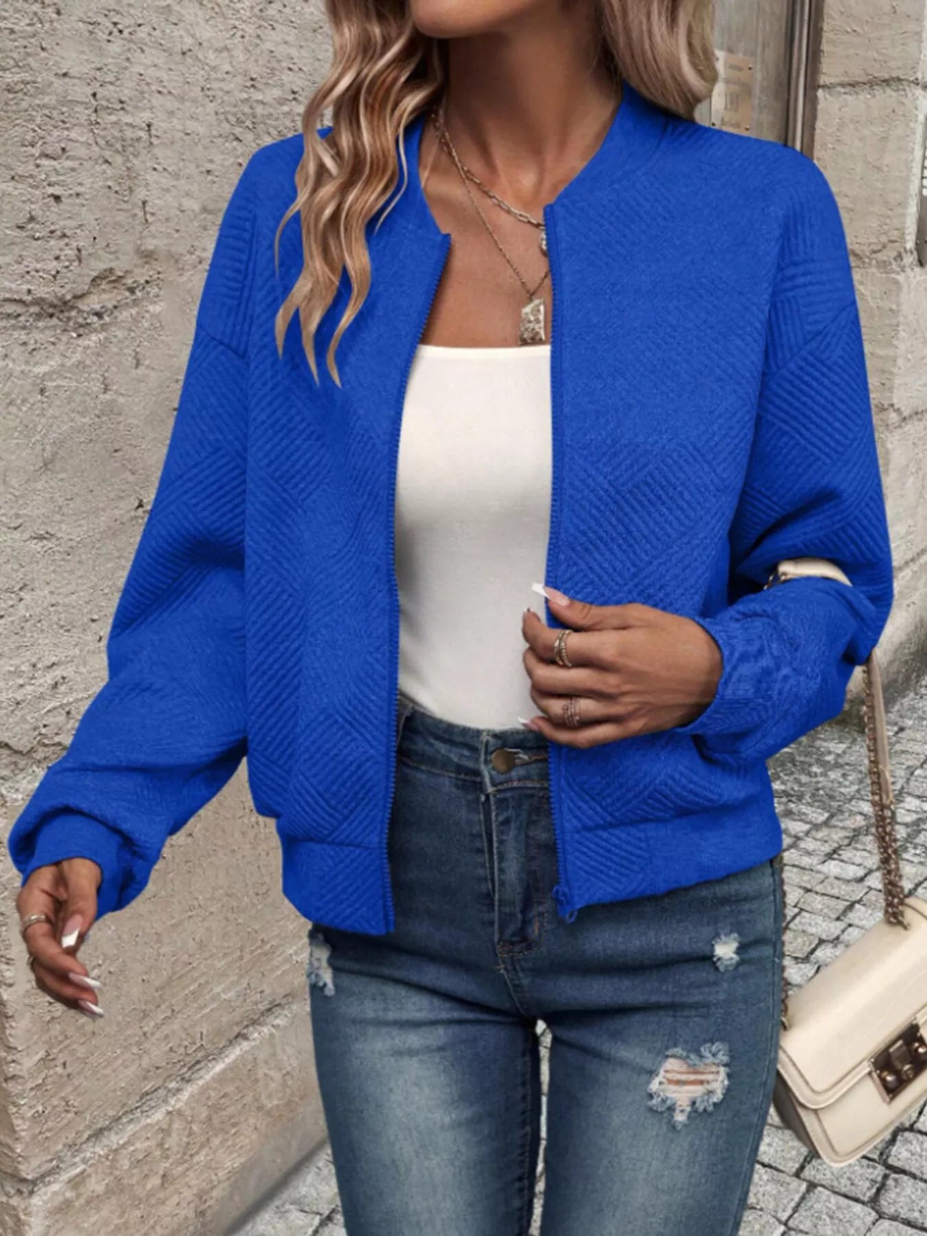 Textured Knit Zip-Up Bomber Jacket OutfitFlow