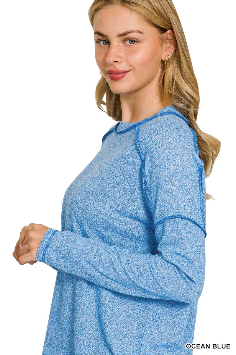 Zenana Full Size Melange Hacci Exposed Seam Hi-low Tee Plus Size OutfitFlow