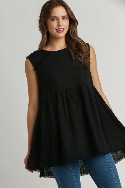 Umgee Full Size Raw Hem Linen Round Neck Sleeveless Top Plus Size Black OutfitFlow