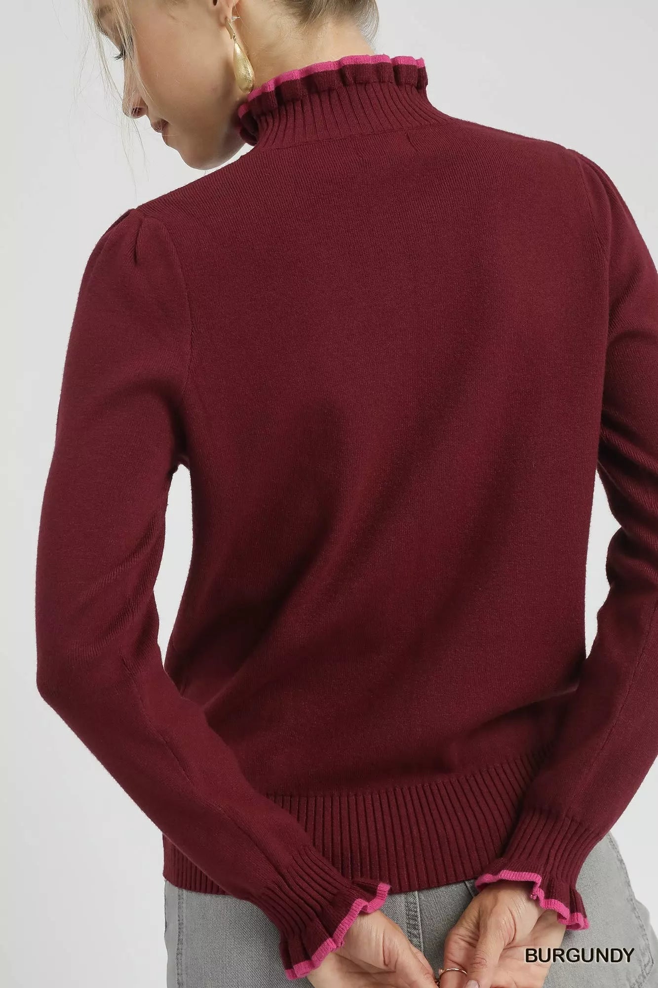 Umgee Ribbed Round Neck Sweater with Ruffle Contrast Trim OutfitFlow