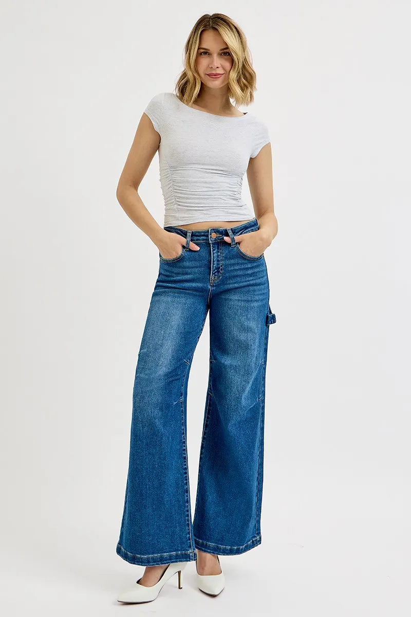 RISEN Full Size High Rise Wide Leg Patch Detailed Jeans Plus Size OutfitFlow