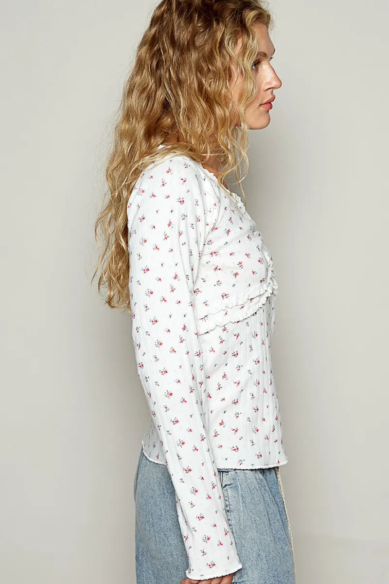POL Floral V-Neck Long Sleeve T-Shirt OutfitFlow