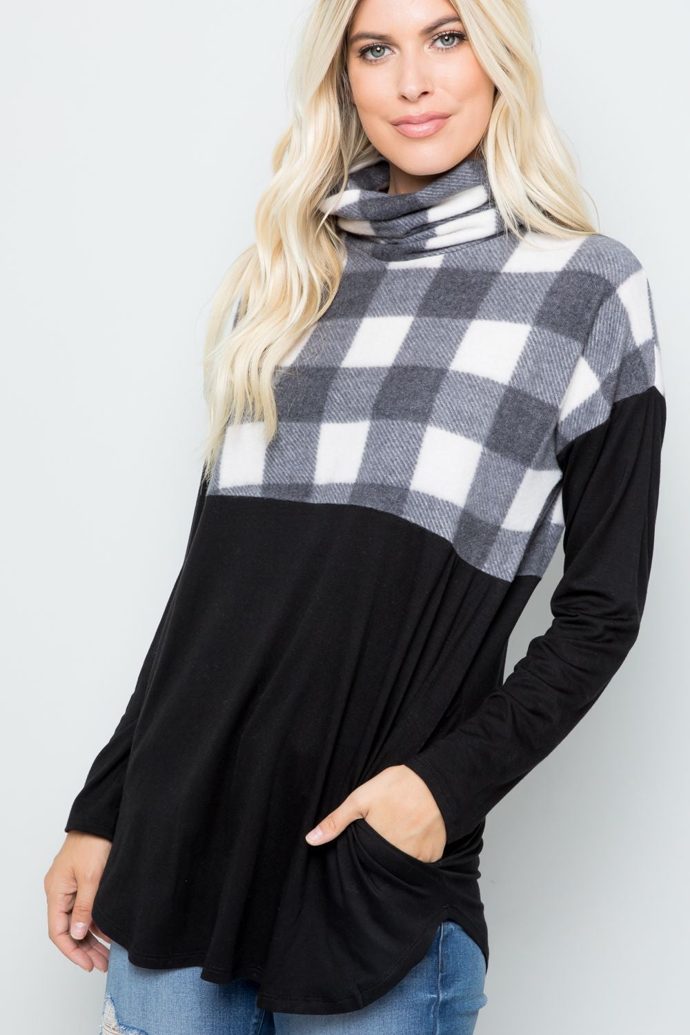 Outfit Flow - Celeste Full Size Pocketed Plaid Turtleneck Long Sleeve Blouse